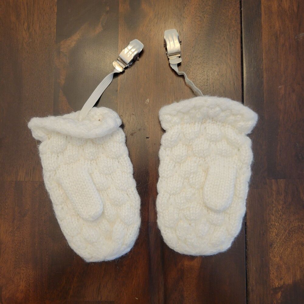 Vintage Cream Baby Mittens Chunky Bulky Knit Bubble Popcorn Stitch 1-3 years